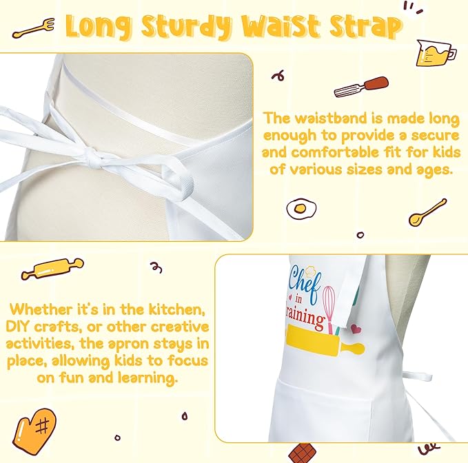 R HORSE Kid Apron and Chef Hat Set 2Pcs Adjustable Children White Kitchen Apron Dress up Role Play Chef Toy Kid Funny Cooking Gift Birthday Gift for Kids Cooking Baking Painting and Training
