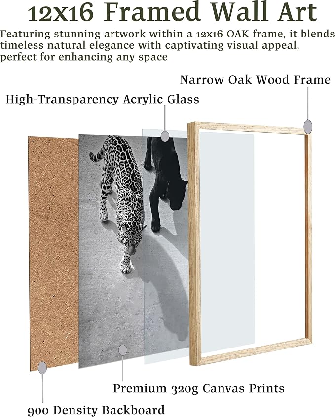 EcoHest 12x16 in Cheetah and Jaguar Walking Framed Wall Art | Natural Oak Wood Frame, Canvas Wall Art, Black and White Animal Fashion Decor for Living Room, Bedroom, Apartment, Dorm,1Pack