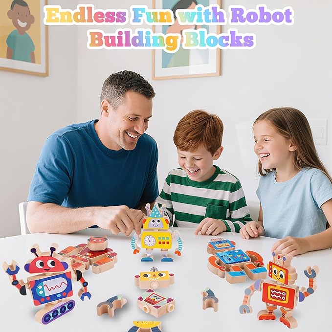 ATOYUS Wooden Robot Building Blocks Toys, STEM Montessori Preschool Toys for 3+ Year Old Toddlers, 35 Pcs Snap Together Take Apart Toy Playset for Kids Ages 3-5, Boys Girls Christmas Birthday Gifts