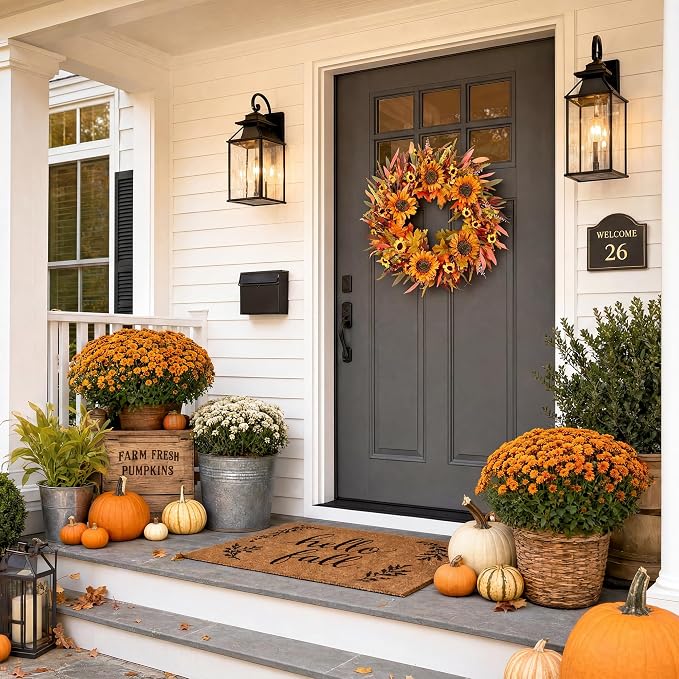 22" Fall Wreath Front Door Sunflower Artificial Wall Decor Farmhouse Autumn Wreath Thanksgiving Home Porch Outdoor Indoor Holiday Harvest Decor