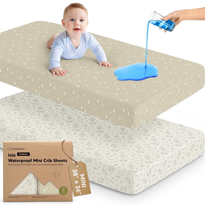 2-Pack Waterproof Pack and Play Sheets, Mini Crib Sheets Fitted for Boy, Girl - 38 x 26 Viscose from Bamboo Pack N Play Mattress Sheets for Graco, Toddler Playard Baby Crib Sheets Neutral(Pine Grove)