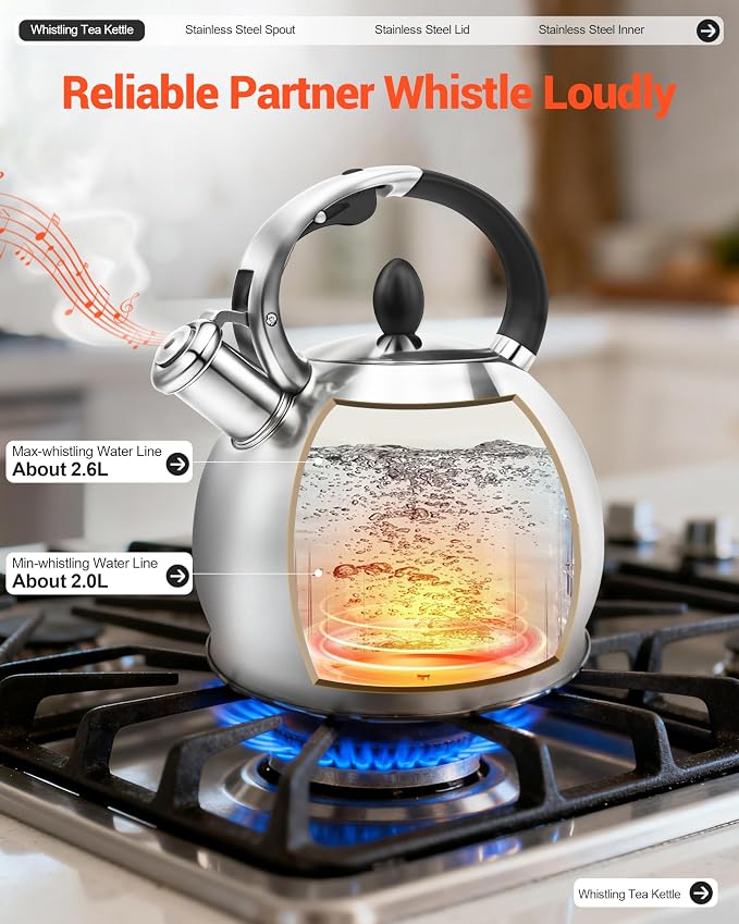 Whistling Tea Kettle for Stovetop, (2.64 Quart-Mirror） Food Grade Stainless Steel Teapot of 5-layer base