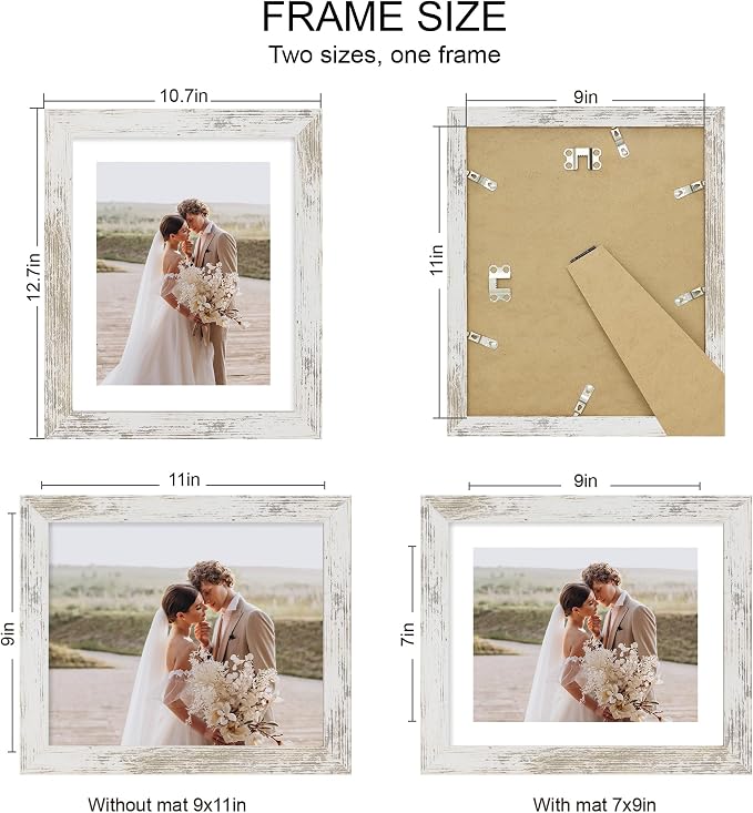 Hongkee 9x11 Picture Frame Set of 4, Made of Real Glass and Distressed White Frame - Display Picture 7x9 with Mat or 9x11 Without Mat, 9 by 11 Photo for Wall or Tabletop