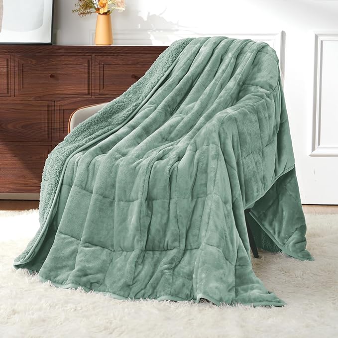 Uttermara Blankets for Adults Queen Size, 20lbs 60x80 inches Blanket with Soft Warm Plush Sherpa Fleece, Washable Thick Throw, Sage Green