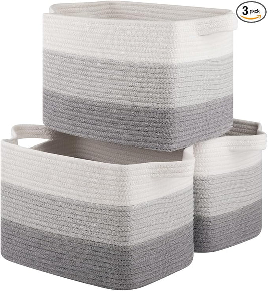 OIASKET Storage Baskets for Organizing, Woven Baskets for Shelves, Rectangle Decorative Organizer for Storage Clothes, Toy, Books, Towels Nursery Bins 3 Pack (Gradient Grey, 14.17"x9.85"x9.45")