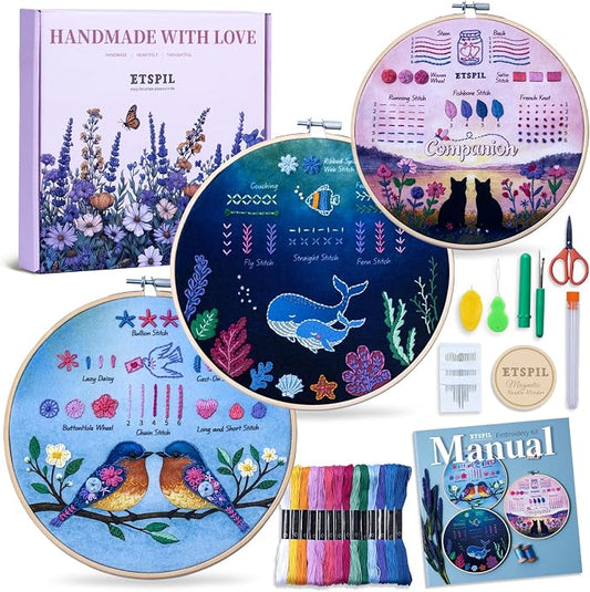 ETSPIL Beginner Embroidery Kit for Adults, 3-Pack Full-Color Stamped Animal Designs, Companionship Theme, Master 19 Stitches with 4K Step-by-Step Videos & Needle Minder, Easy Craft Gift for Teens