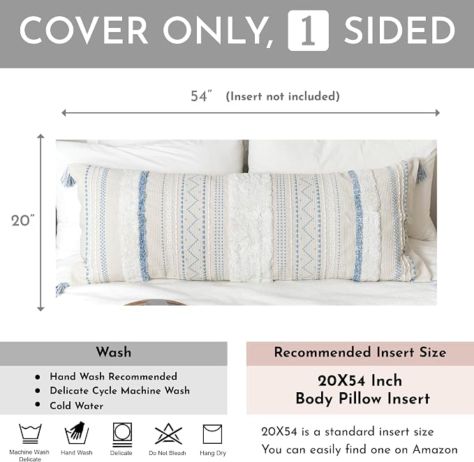 20X54 Oversized Large Lumbar Pillow Cover for Bed, Rectangular Long Decorative Throw Pillowcase, Cotton Boho Accent Cushion with Blue Tufted Pattern and Tassels, Cream Neutral (Cover Only)