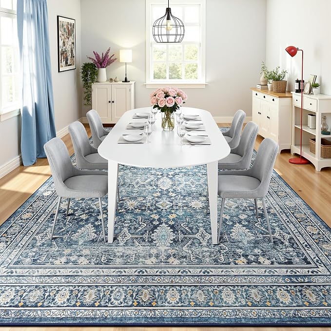 10x14 Area Rugs for Living Room, Washable Non-Slip Blue Large Carpet | Soft Area Rug for Dining Room Home Office Indoor Nursery, Stain Resistant, Low Pile, Vintage Boho Distressed Rug