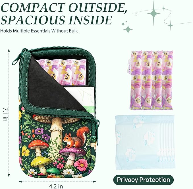 KJQJLY 2 Pack Portable Tampon Organizer Bag Tampon Holder & Storage Case with Zipper for Travel, Discreet Period Bag for Purse, Waterproof Feminine Products Pouch for Women (Cats & Squirrels)