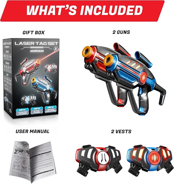 ArmoGear Laser Tag Set for Kids, Teens & Adults - 2 Blasters + 2 Vest Sensors with 4 Multi-Game Modes - Lazer Tag Set - Age 8+ Year Old Toys - Includes Accessories - Boys & Girls Outdoor Activities
