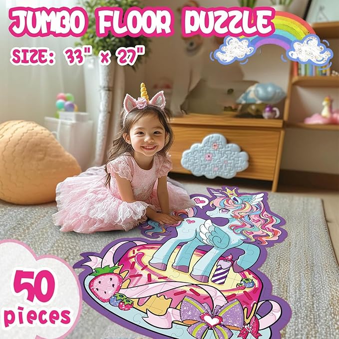 Large Shimmery Unicorn Floor Puzzle for Kids Ages 4-8, 45+ Pieces Large Jigsaw Puzzle for Kids&Toddler Ages 3 4 5 6 7 8, Educational Puzzels Unicorn Toys for Girls Unicorn Christmas Birthday Gift