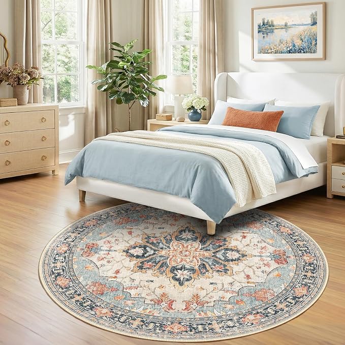 RELEANY Area Rugs Round 7ft Washable Non-Slip, Floral Vintage Distress Medallion Carpet for Living Room Bedroom Dining Room, Beige Navy Blue Orange Colorful