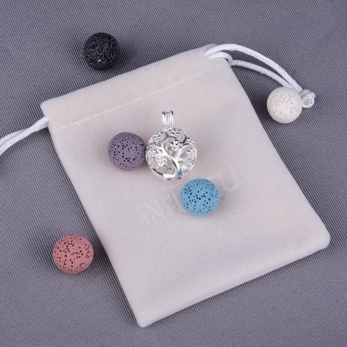 INFUSEU Sakura Tree Aromatherapy Necklace, Essential Oils Diffuser Locket Pendant with 7 PCS Lava Rock Stones and 24" Link Chain
