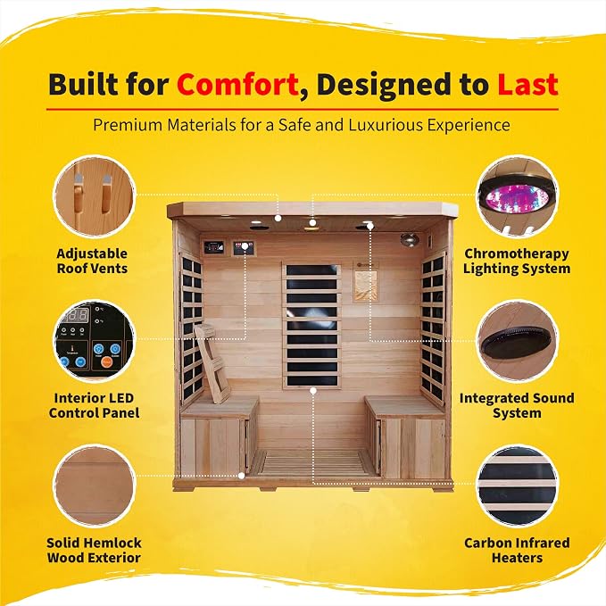 Heat Wave Sonoma 4 Person Infrared Sauna for Home - Thick Hemlock Interior with Chromotherapy Light & 9 Carbon Infrared Heaters for Energy-Efficient, Low EMF Infrared Sauna Relaxation