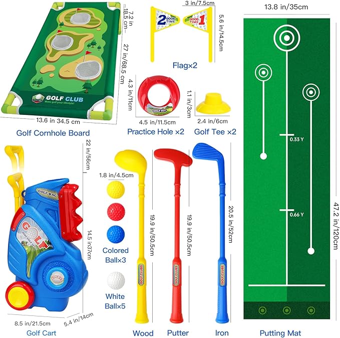 Toddler Golf Set for Boys Girls 2 3 4 5 Years Old, Upgraded Kids Golf Cart with Putting Mat & Cornhole Board, Outdoor Indoor Sports Toys, Blue