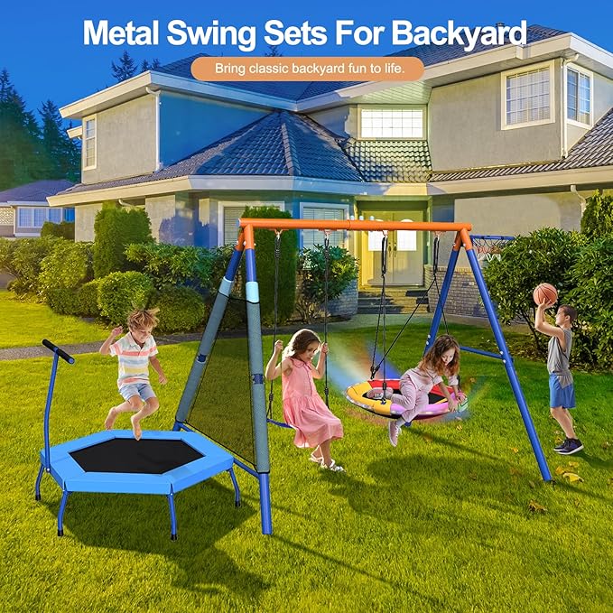 4-in-1 Heavy Duty Metal A-Frame Swing Set for Kids Backyard - 32" Saucer Swing, 55" Trampoline & Adjustable Basketball Hoop, Outdoor Playset Ages 3-12, 440lbs Capacity