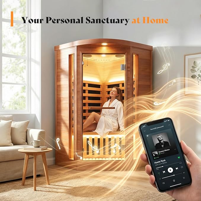 Sauna, Infrared Sauna for Home Far Infrared Saunas Room Corner Sauna for 1 Person Low-EMF Wood Dry Sauna with Speakers Oxygen Bar 7 Color Light 1300W Fast Heating Easy Assembly 37.4x37.4x70.9