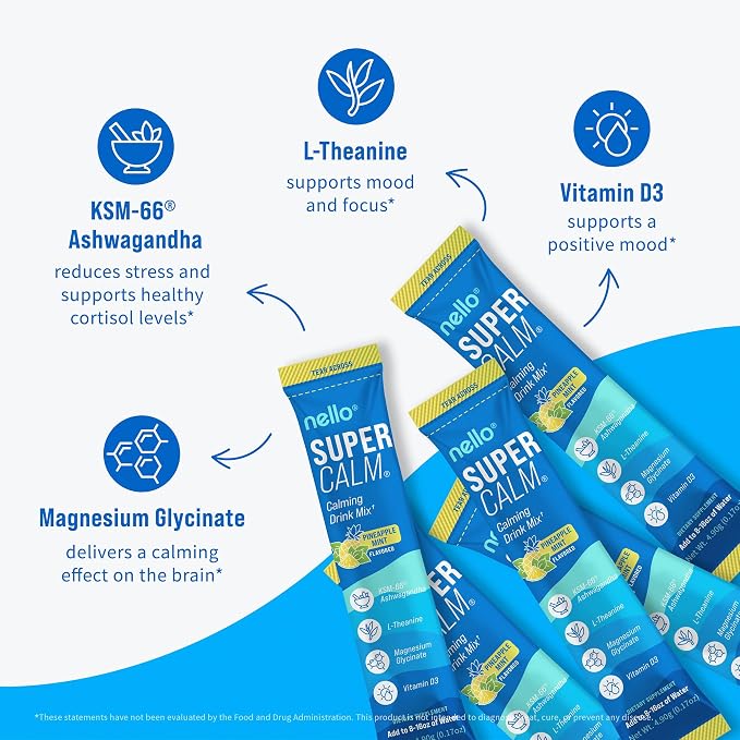Nello Supercalm Powdered Drink Mix, Cortisol Reducer* and Sleep Aid Supplement, L Theanine, Ksm-66 Ashwagandha, Magnesium Glycinate, Vitamin D 3, No Sugar, Non GMO, On The Go, 20 Ct, Pineapple Mint