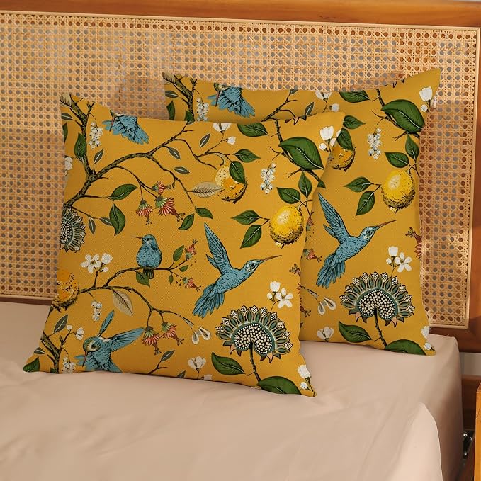 Chinoiserie Pillow Covers 18x18 Set of 2 Mustard Yellow Bird Floral Throw Pillows Vintage Yellow Lemon Flowers Decorations Pillowcase Outdoor Chinoiserie Decor Linen Cushion Case for Couch Home