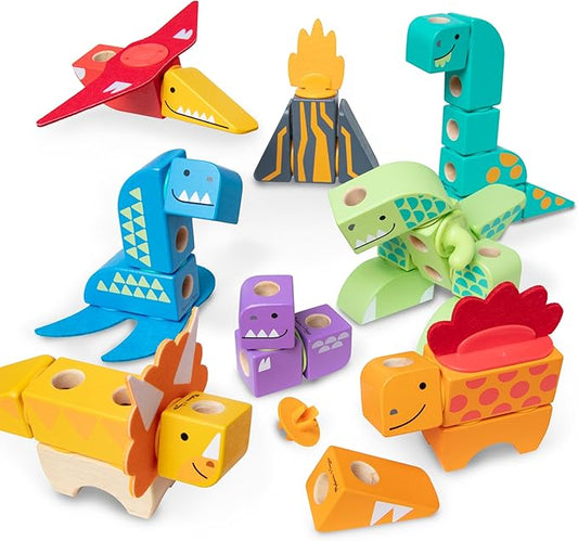 Melissa & Doug Blockables™ Dinosaur Snap and Play, Mix and Match Connectable Wooden Building Blocks Play Set Toy for Preschool Boys and Girls (69 Pcs) - FSC Certified