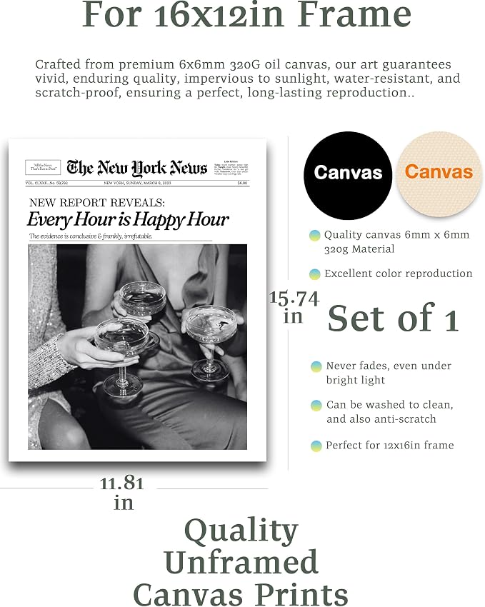 iHery 12x16in Every Hour Is Happy Hour Unframed Newspaper Wall Art | Unframed Canvas Print, Retro Editorial Decor for Bedroom 1Pack