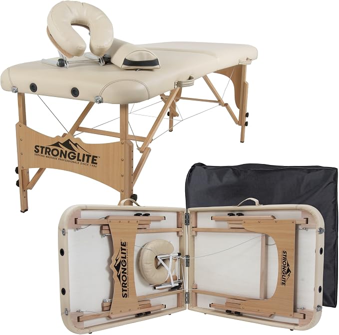 STRONGLITE Portable Massage Table Package Olympia - All-In-One Treatment Table w/ Adjustable Face Cradle, Pillow, Half Round Bolster & Carrying Case, Black