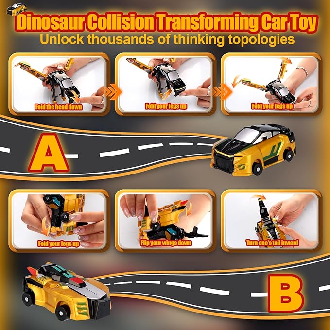 Collision Transforming Dinosaur Car Toy,Transformation Car Toy, 2in1 Magnetic Dinosaur Transformer Cars for Boys & Girls Party Favors Gift for Birthday, Christmas (Golden)