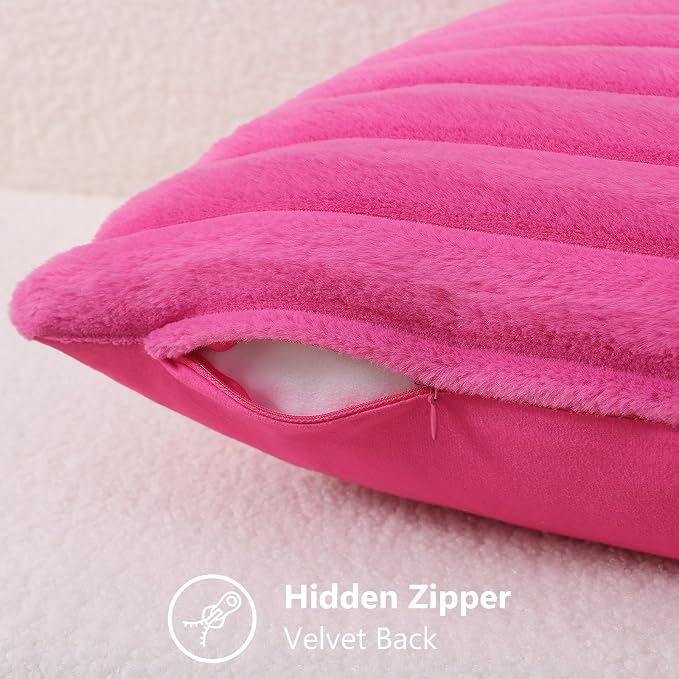 decorUhome Fall Faux Fur Throw Pillow Covers 12x20 Set of 2 Hot Pink | Decorative Soft Cozy Striped Plush Modern Farmhouse Boho Couch Pillow Cases Velvet Back for Sofa Bed Living Room Home Decor