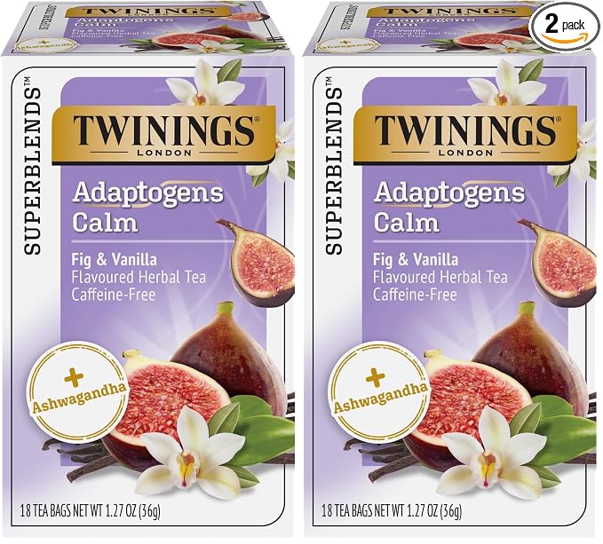 Twinings Superblends Adaptogens Calm with Ashwagandha Fig & Vanilla Flavoured Herbal Tea Caffeine-Free, 18 Tea Bags (Pack of 2), Enjoy Hot or Iced
