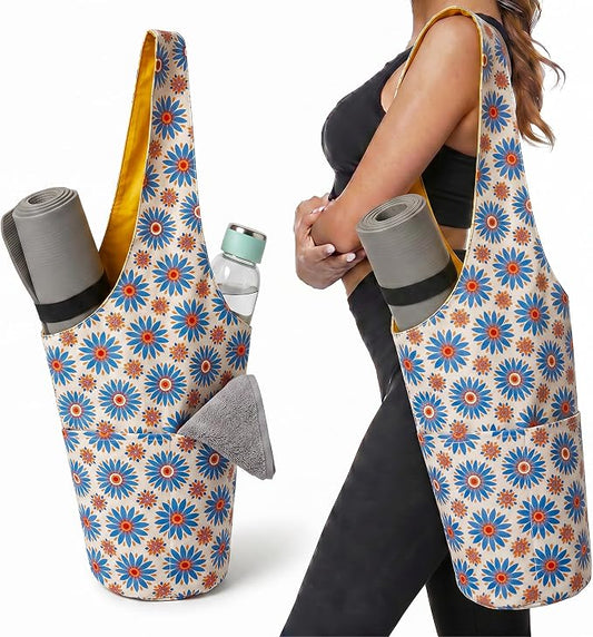 CosInStyle Heavy Duty Cotton Canvas Yoga Bag with Multi-Pocket Organizer, Large Capacity Gym Sports Bags, With 2 Bonus Mat Straps