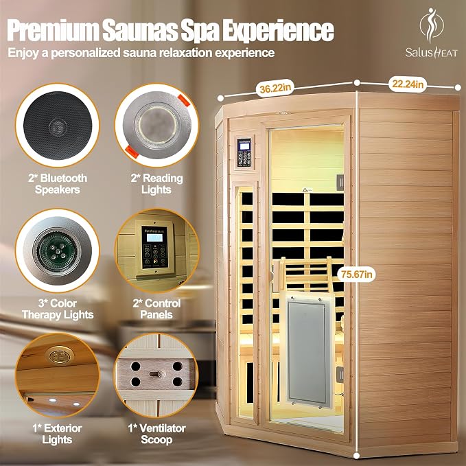 2 Person Infrared Sauna 0-5mG Ultra Low EMF Infrared Sauna Far Infrared Sauna Canadian Hemlock Indoor Corner Sauna with Front Door Heating Panel, Chromotherapy Light
