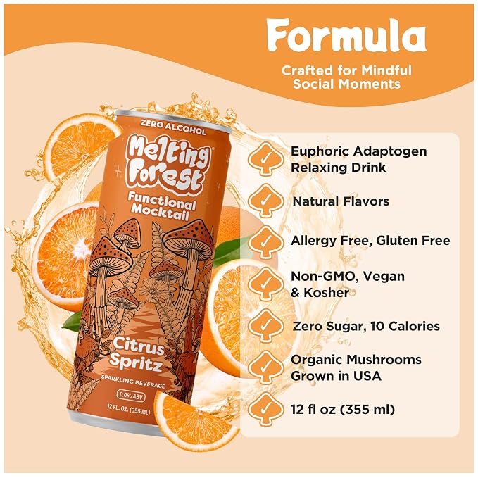 Melting Forest Functional Mocktail Citrus Spritz – Alcohol-Free, Euphoric Adaptogen Drink with Reishi, Antrodia, Lion’s Mane, Ashwagandha – 10 Calories, Vegan, Gluten-Free (4 Pack)