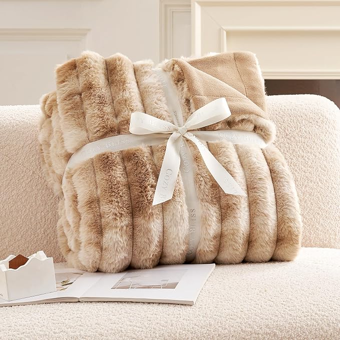 Cozy Bliss Faux Fur Throw Blanket for Couch, Cozy Warm Plush Striped Blanket for Sofa Bedroom Living Room, 60 * 80 Inches Tie-dye Khaki