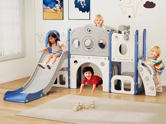 GITAWUSA 8 in 1 Toddler Slide, Outdoor Indoor Playset for Kids Baby Age 1 2 3, Childs Climber Slide with Storage Space and Non-Slip Steps, Basketball Hoopa and Telescope, Blue & White