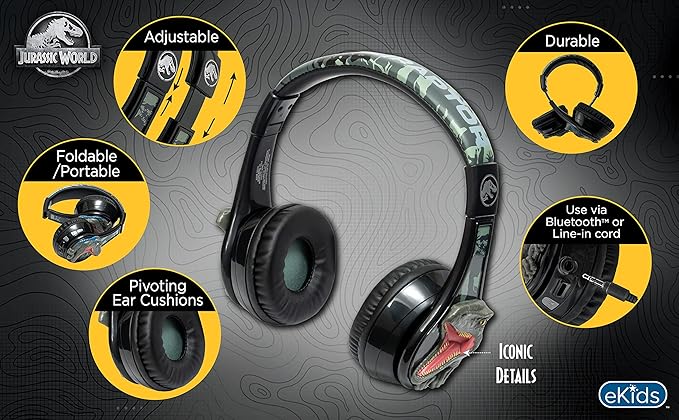 eKids Jurassic World Bluetooth Headphones, Wireless Headphones with Microphone Includes Aux Cord, Kids Earphones for School, Home, or Travel