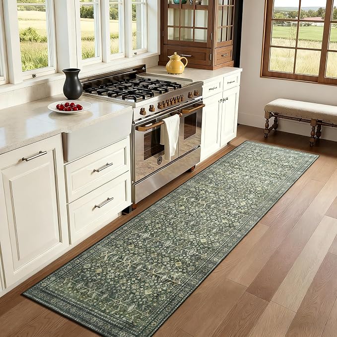 3' X 8' Area Rugs for Hallways, Green Washable Non-Slip Kitchen Runner Rug | Low Pile Runner Rugs, Soft Carpet for Kitchen Bathroom Bedroom Laundry, Stain Resistant Foldable Vintage Distressed Rug