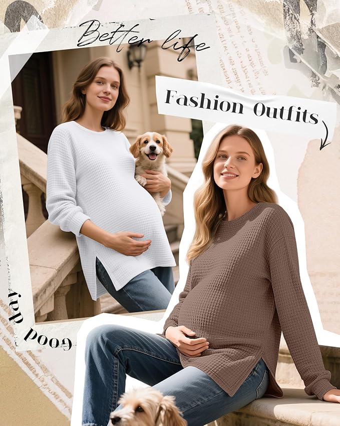 3 Pack Women's Maternity Shirts Long Sleeve Waffle Knit Side Split Oversized Tops Pregnancy Clothes Fall Tees