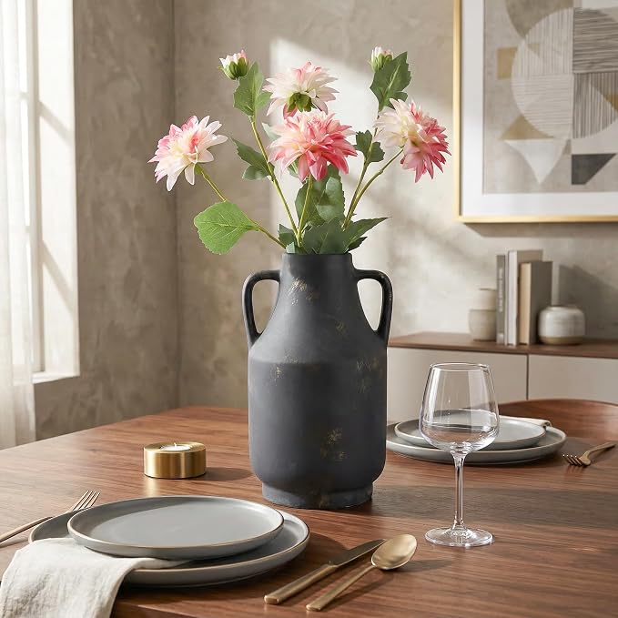 Ceramic Flower Vase with Handles, 11 Inch Tall Rustic Vase, Large Terracotta Pottery Vase for Home Decor, Farmhouse Decorative Vase for Living Room Kitchen Table Shelf Bedroom Decor