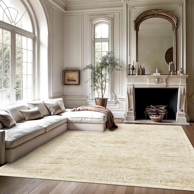 Soalmost Washable Area Rug 9x12 Large Soft Living Room Rugs Beige/Ivory | Farmhouse Vintage Carpet Non-Slip for Dining Bedroom, Stain Resistant Low Pile Foldable Thin Floor Mat Under Table Home Decor