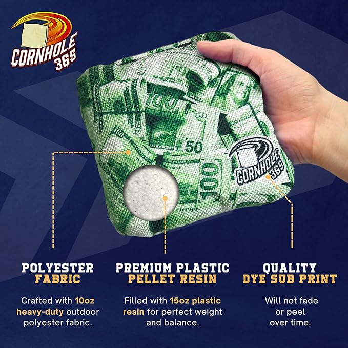 Cornhole365 - Stick & Slide - Professional Corn Hole Bag - Heavy-Duty Double-Stitched Polyester Fabric & Resin Filling for All-Weather - Versatile Regulation Size Cornhole Bean Bags - Set of 8