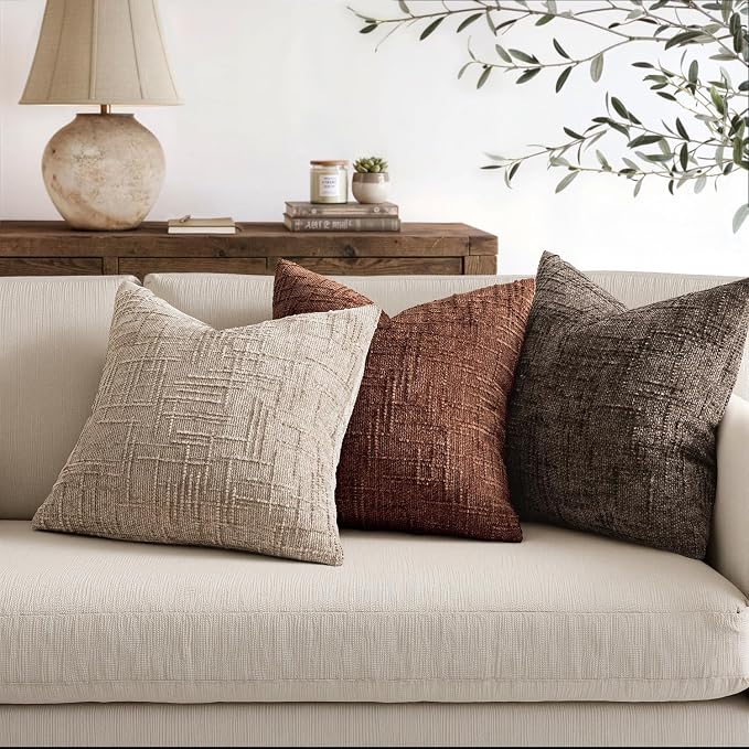 MIULEE Chenille Textured Throw Pillow Covers Oatmeal 16x16 Set of 2 | Slubby Decorative Pillows, Boho Farmhouse Home Decor, Modern Neutral Cushion Covers for Couch Sofa Bed Living Room