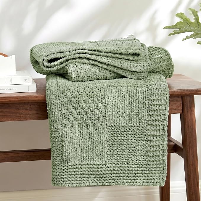 Knit Throw Blanket, Soft Chenille Cozy Breathable Checkered Chunky Decorative Blanket for Couch, Bed & Sofa, French-Inspired Lightweight Warm Gift for Women, Sage Green, 50"x60"