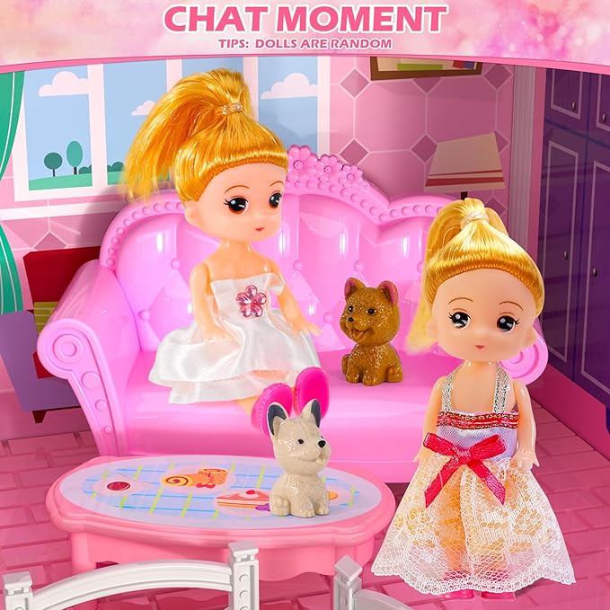 Dolls House for Girls Toys, 4 Stories 10 Rooms Dollshouse with 2 Princesses Slide Accessories, Playset for Toddler Playhouse Gift for for 3 4 5 6 7 8+ Year Old Girls Toys