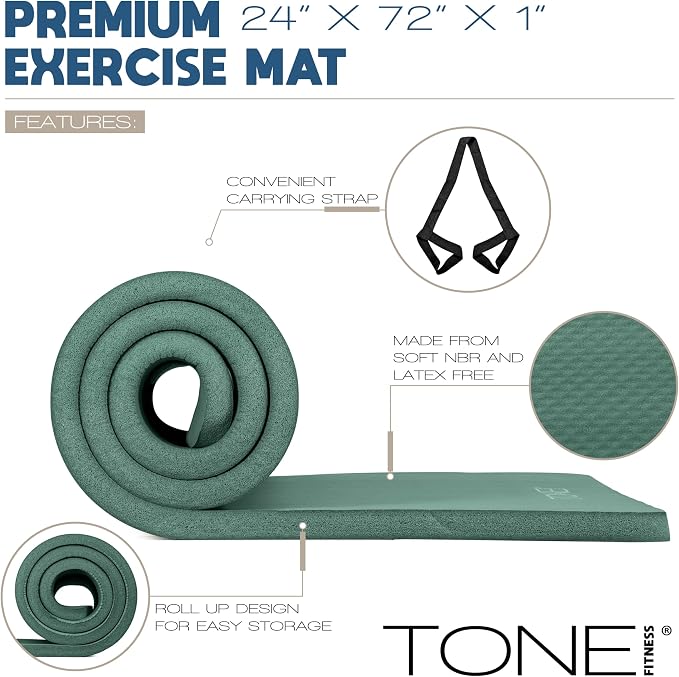Tone Fitness 1-Inch Thick Yoga Mat | High-Density, Non-slip Exercise Mat with Carrying Strap for Yoga, Pilates, & Home Gym Workouts | Multiple Options