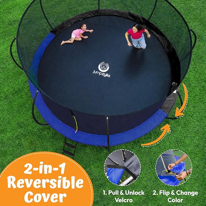 JUMPZYLLA Trampoline Outdoor 8FT 10FT 12FT 14FT 15FT 16FT with Enclosure and Ladder, ASTM Approved Recreational Trampoline for Kids and Adults, Anti-Rust Coated Frame