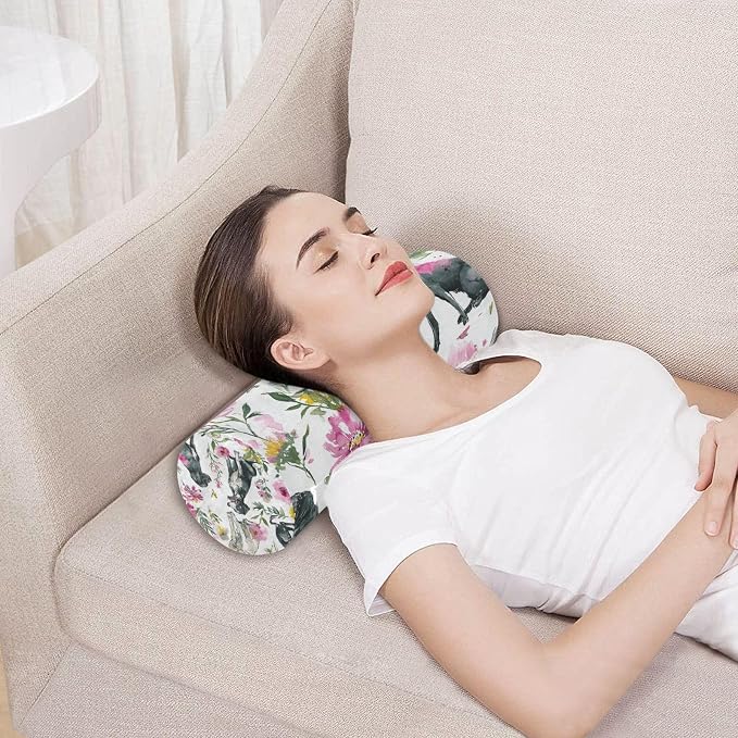 Watercolor Dogs Flowers White Neck Roll Pillow Bolster Round Health Memory Foam Long Cervical Cylinder Pillows with Removable Washable Cover for Body Bed Legs Back Yoga
