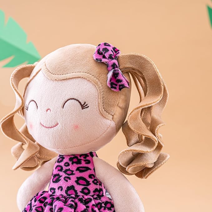 Gloveleya Personalized Baby Doll – Custom Name Plush Rag Doll 12” | Pink Leopard Dress | Birthday, Christmas for Girls & Toddlers