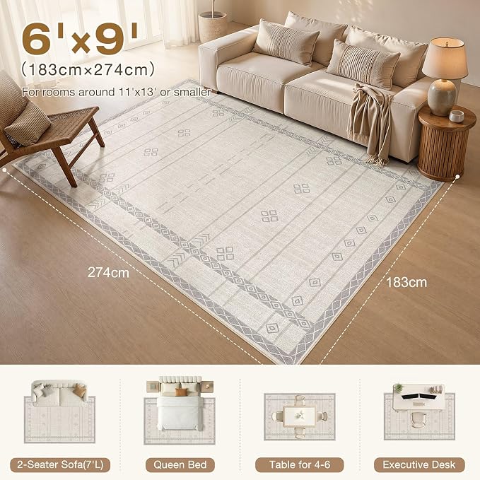 cotiled 6x9 Area Rugs Living Room Rug: Washable Boho Rugs with Non Slip Backing Large Soft Indoor Stain Resistant Carpet for Bedroom Farmhouse Dining Room Lightweight Home Decor Grey Beige