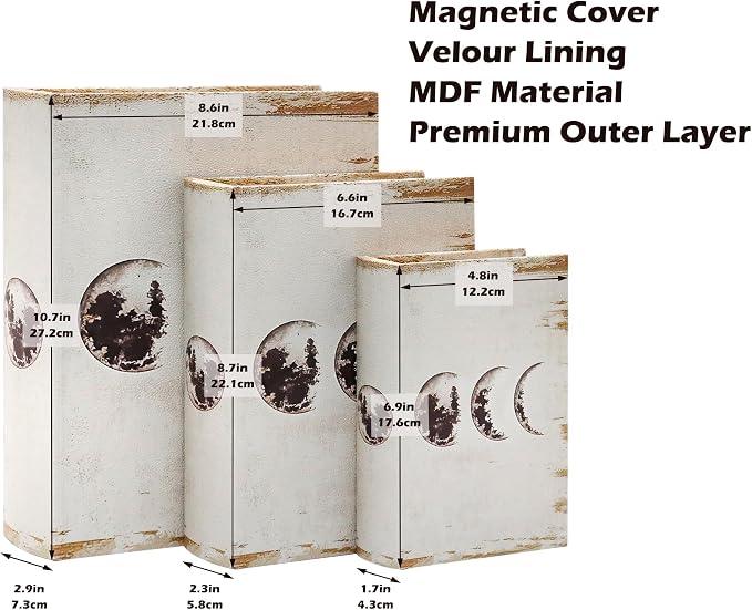 Jolitac Decorative Book Boxes, Vintage Style Fake Book Set of 3 Storage Organizers in 11", 9", 5" Heights for Jewelry Trinket Wedding Memories Hobby Keepsake (Moon)