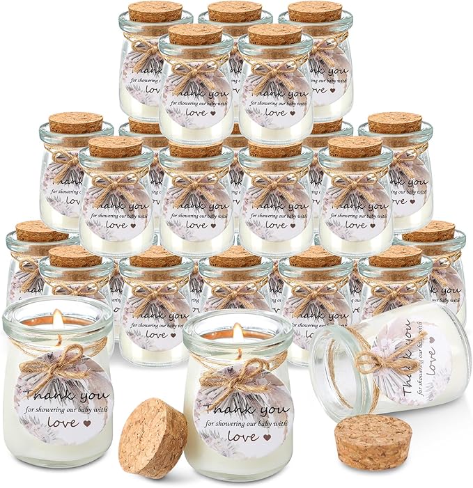 Threlaco 20 Pcs Boho Baby Shower Favors Party Candle Lavender Scented Glass Mason Jar Wax Candle Bulk for Guests Girl Boy Gender Reveal Party Gifts(Khaki)